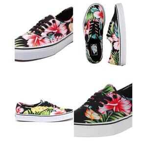 Vans Authentic Tropical Hawaiian Floral Hibiscus Black Canvas Skate Sneakers